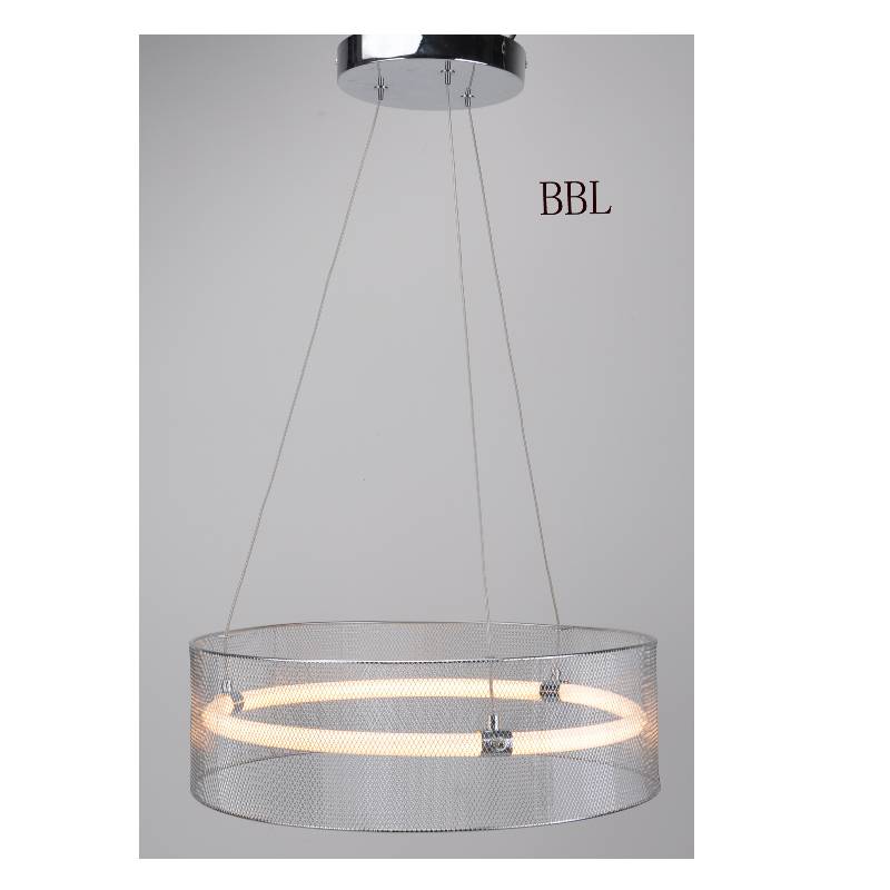 Lampada a sospensione a LED con paralume in rete metallica e tubo acrilico senza ombra
